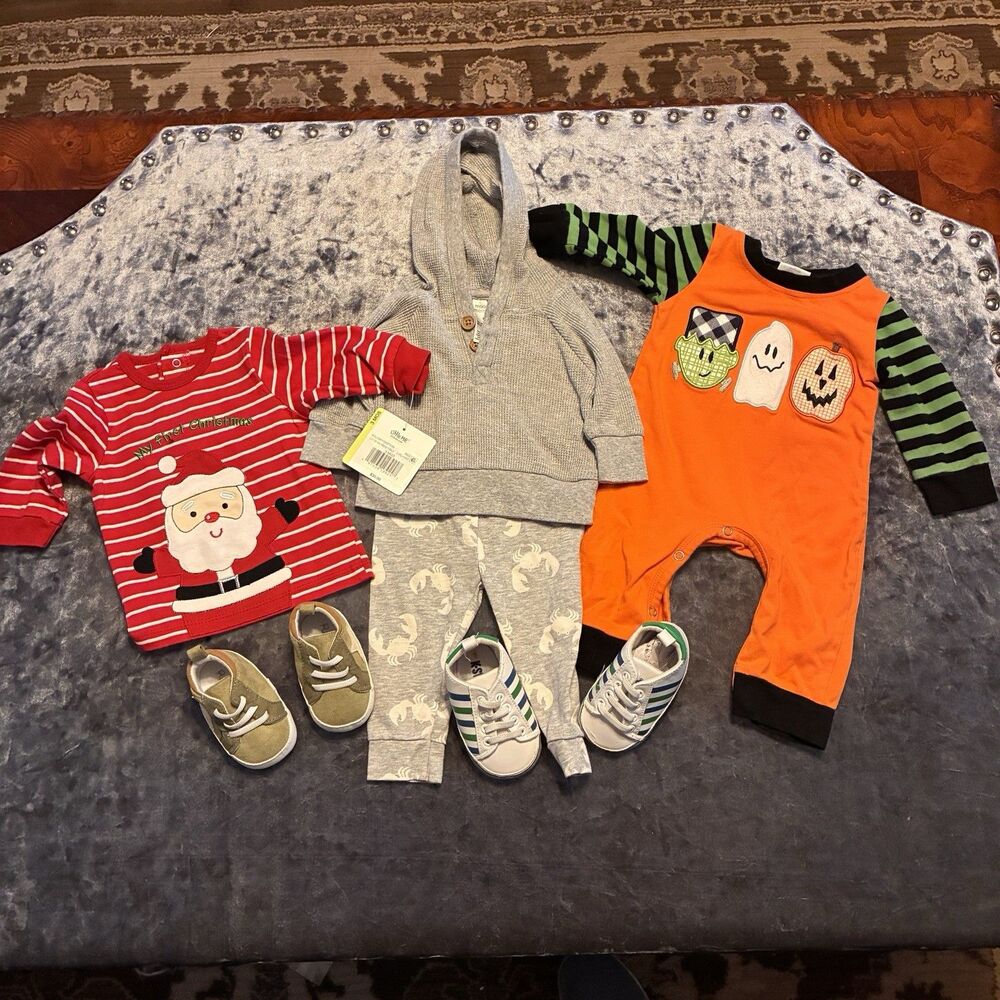 Baby Boys Outfits, Halloween one piece, Santa top, joggng set 2 Pair Shoes 3-6M
